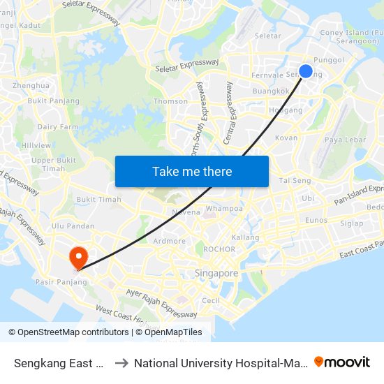 Sengkang East Way - Sengkang Stn (67409) to National University Hospital-Main Building Lobby B (NUH-Main Building Lobby B) map