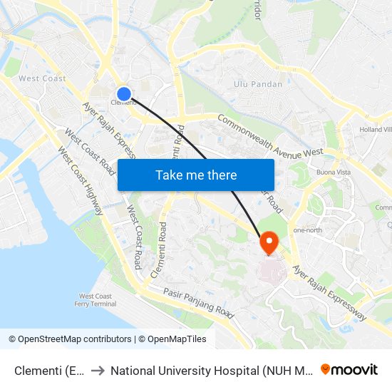 Clementi (EW23) to National University Hospital (NUH Main Building) map
