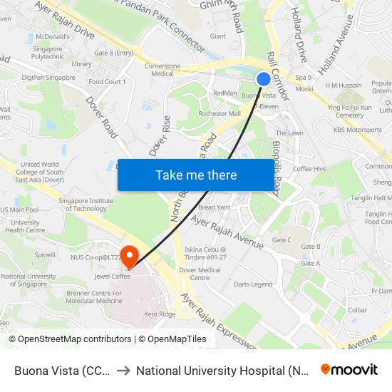 Buona Vista (CC22|EW21) to National University Hospital (NUH Main Building) map