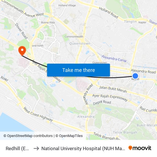 Redhill (EW18) to National University Hospital (NUH Main Building) map