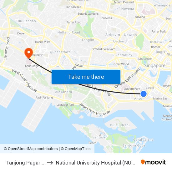 Tanjong Pagar (EW15) to National University Hospital (NUH Main Building) map
