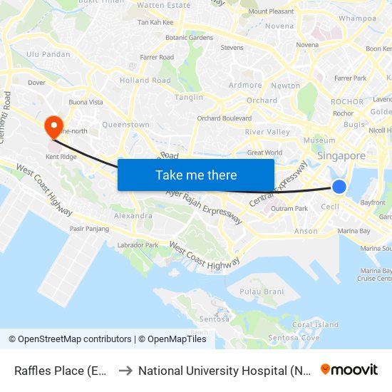 Raffles Place (EW14|NS26) to National University Hospital (NUH Main Building) map