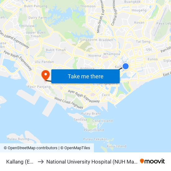 Kallang (EW10) to National University Hospital (NUH Main Building) map