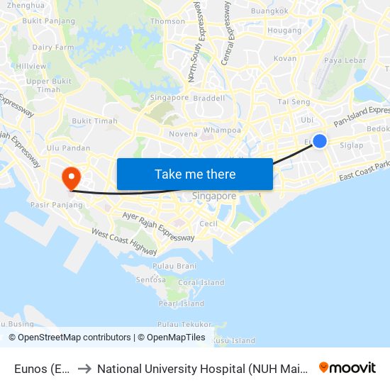 Eunos (EW7) to National University Hospital (NUH Main Building) map