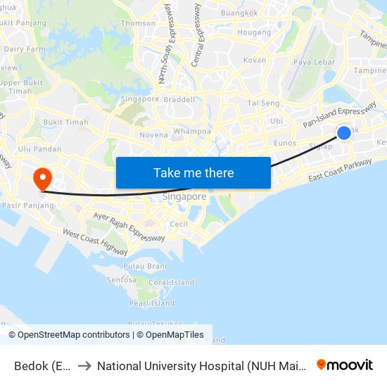 Bedok (EW5) to National University Hospital (NUH Main Building) map