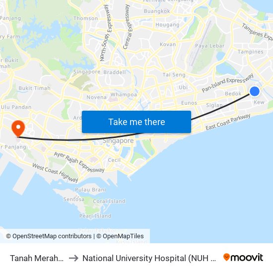 Tanah Merah (EW4) to National University Hospital (NUH Main Building) map