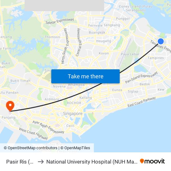 Pasir Ris (EW1) to National University Hospital (NUH Main Building) map