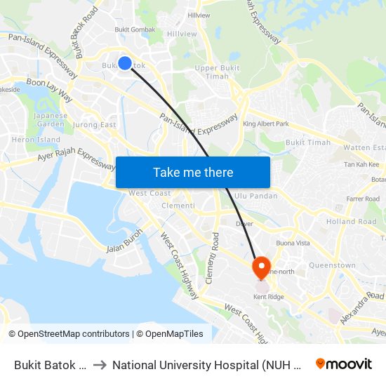 Bukit Batok (NS2) to National University Hospital (NUH Main Building) map