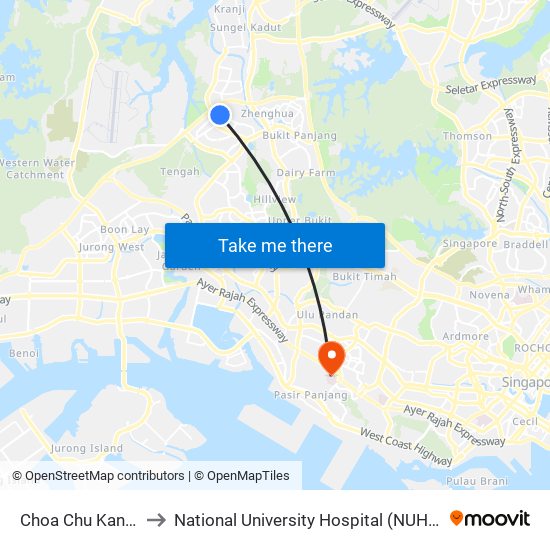Choa Chu Kang (NS4) to National University Hospital (NUH Main Building) map