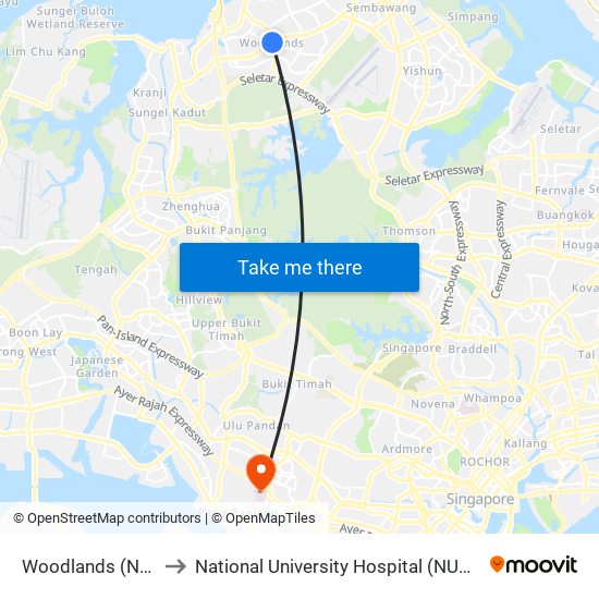 Woodlands (Ns9 | Te2) to National University Hospital (NUH Main Building) map