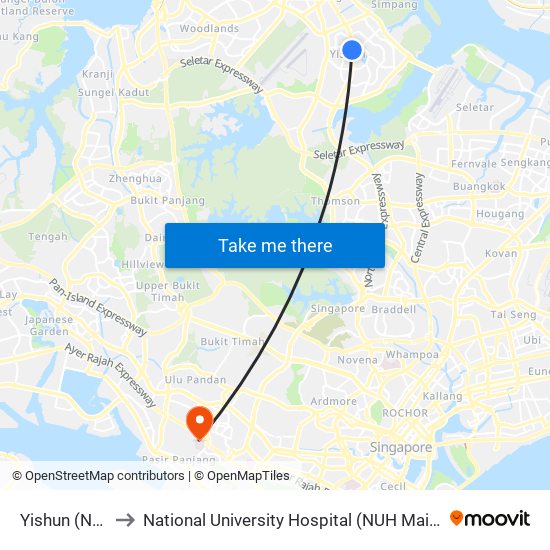 Yishun (NS13) to National University Hospital (NUH Main Building) map