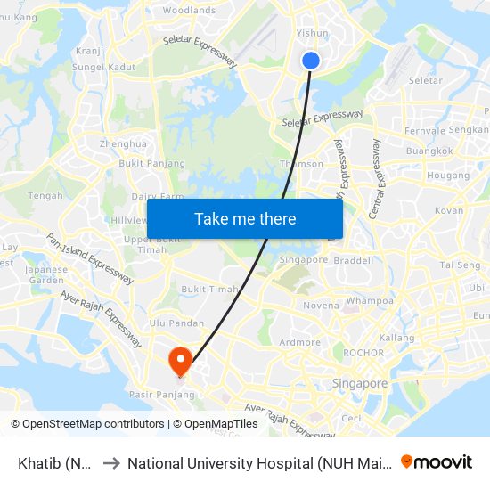 Khatib (NS14) to National University Hospital (NUH Main Building) map