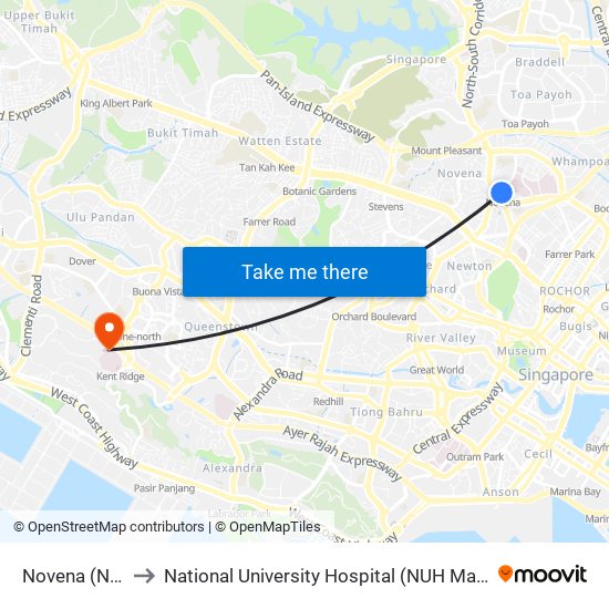 Novena (NS20) to National University Hospital (NUH Main Building) map