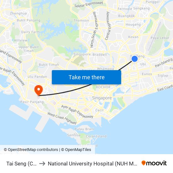 Tai Seng (CC11) to National University Hospital (NUH Main Building) map