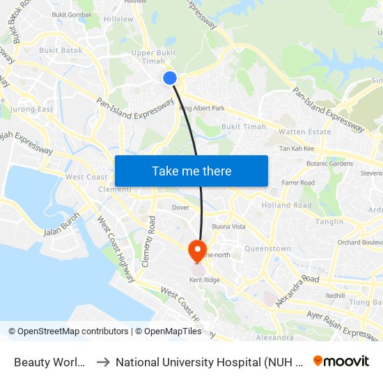 Beauty World (DT5) to National University Hospital (NUH Main Building) map