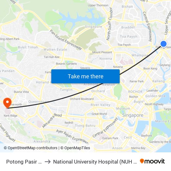 Potong Pasir (NE10) to National University Hospital (NUH Main Building) map