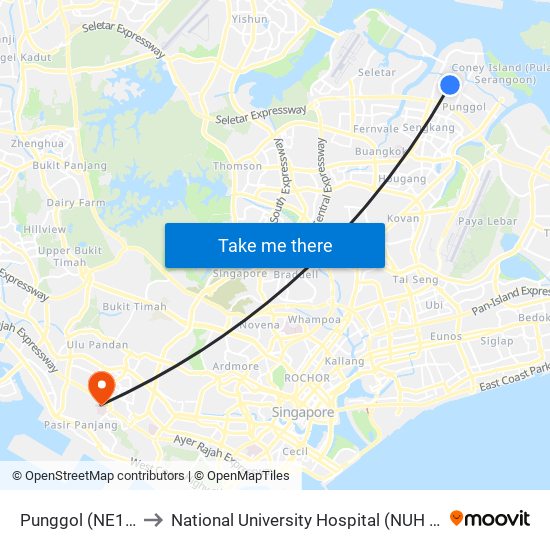 Punggol (NE17|PTC) to National University Hospital (NUH Main Building) map