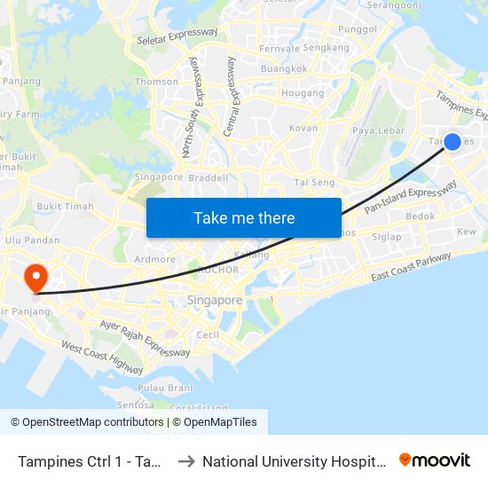 Tampines Ctrl 1 - Tampines Int (75009) to National University Hospital (NUH Main Building) map