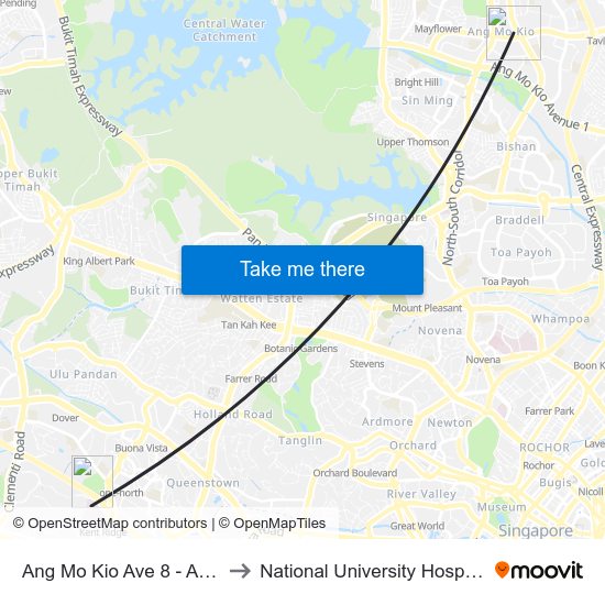 Ang Mo Kio Ave 8 - Ang Mo Kio Int (54009) to National University Hospital (NUH Main Building) map