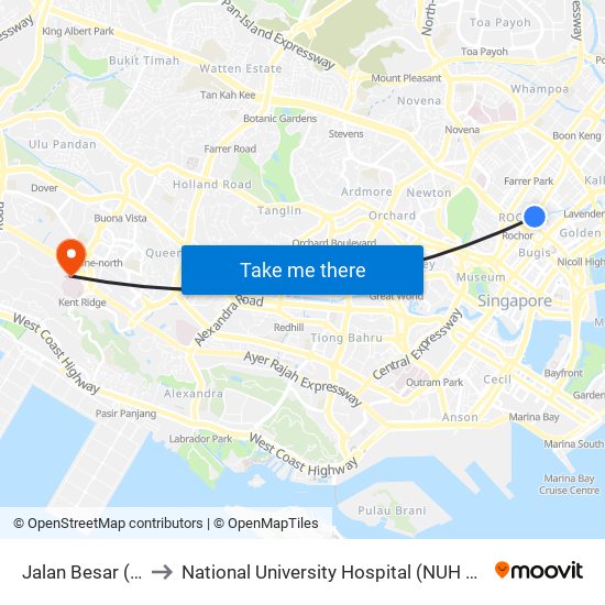 Jalan Besar (DT22) to National University Hospital (NUH Main Building) map