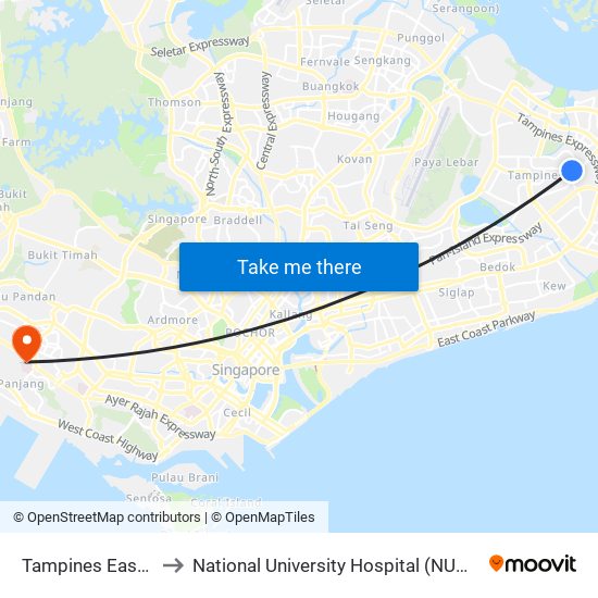 Tampines East (DT33) to National University Hospital (NUH Main Building) map