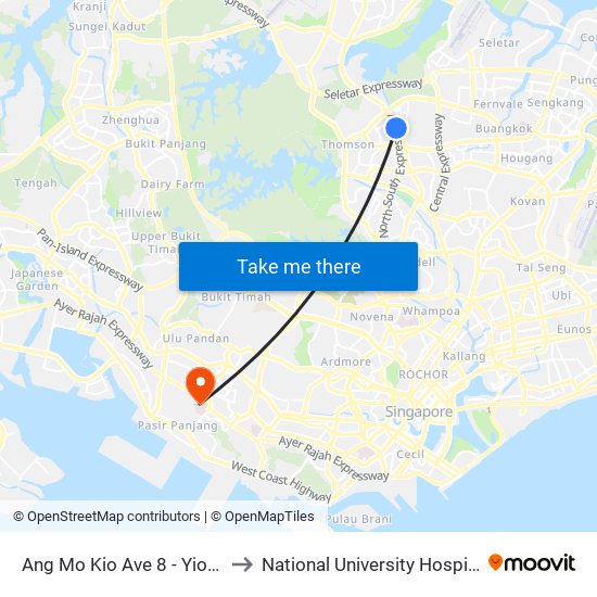 Ang Mo Kio Ave 8 - Yio Chu Kang Int (55509) to National University Hospital (NUH Main Building) map