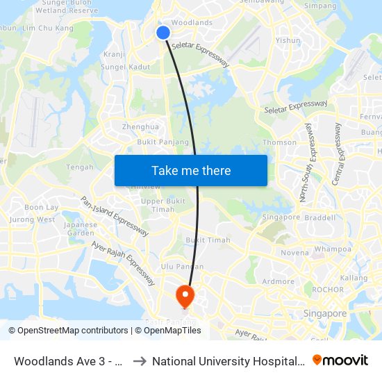 Woodlands Ave 3 - Blk 402 (46491) to National University Hospital (NUH Main Building) map