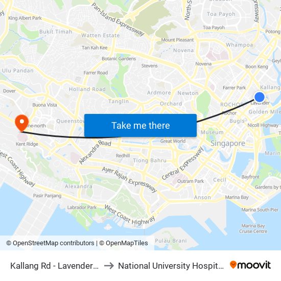 Kallang Rd - Lavender Stn Exit B (01311) to National University Hospital (NUH Main Building) map