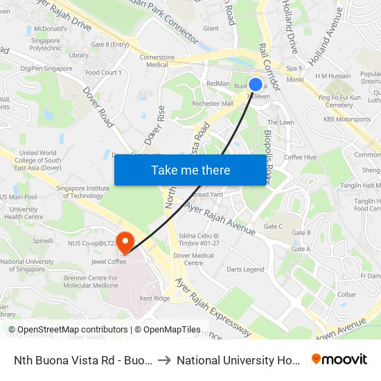 Nth Buona Vista Rd - Buona Vista Stn Exit D (11369) to National University Hospital (NUH Main Building) map