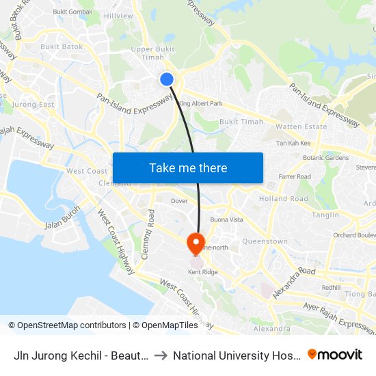 Jln Jurong Kechil - Beauty World Stn Exit C (42151) to National University Hospital (NUH Main Building) map