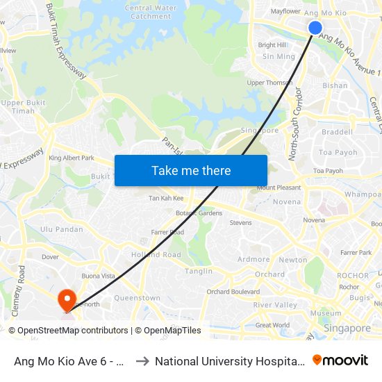 Ang Mo Kio Ave 6 - Blk 307a (54019) to National University Hospital (NUH Main Building) map