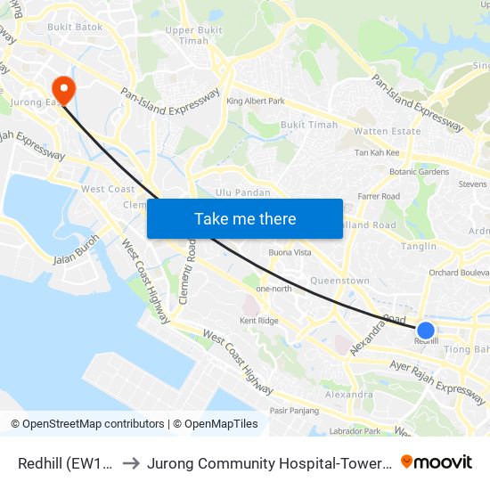 Redhill (EW18) to Jurong Community Hospital-Tower C map
