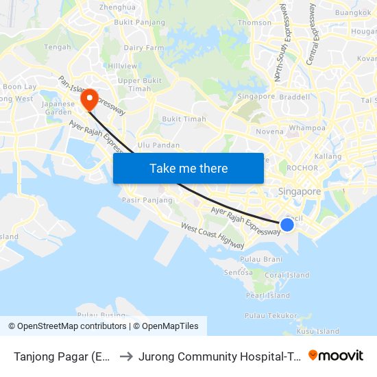 Tanjong Pagar (EW15) to Jurong Community Hospital-Tower C map