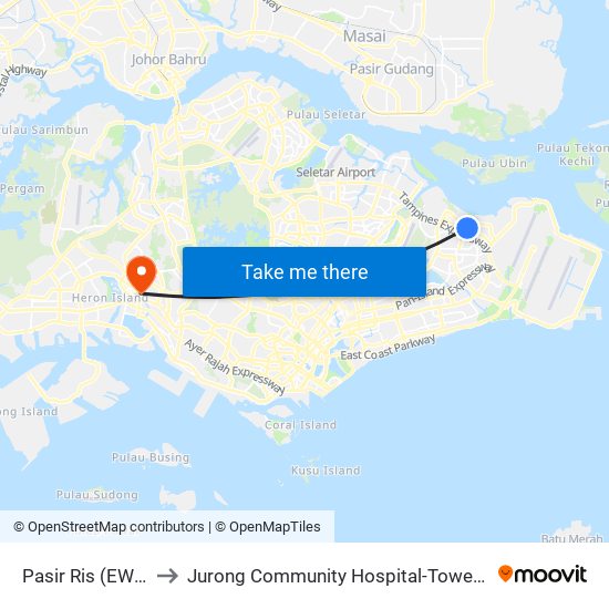 Pasir Ris (EW1) to Jurong Community Hospital-Tower C map