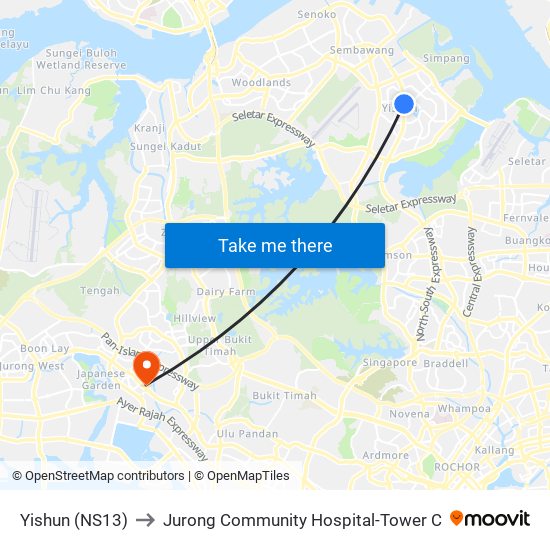 Yishun (NS13) to Jurong Community Hospital-Tower C map