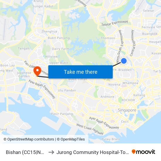 Bishan (CC15|NS17) to Jurong Community Hospital-Tower C map