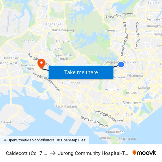 Caldecott (Cc17|Te9) to Jurong Community Hospital-Tower C map