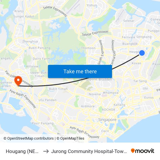 Hougang (NE14) to Jurong Community Hospital-Tower C map