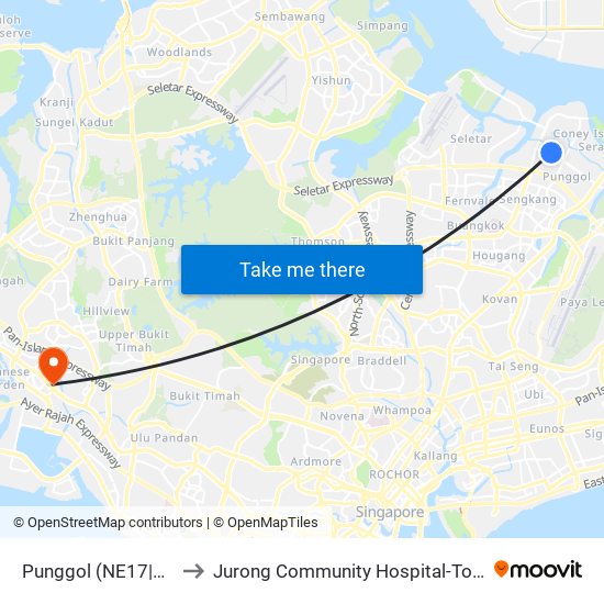 Punggol (NE17|PTC) to Jurong Community Hospital-Tower C map