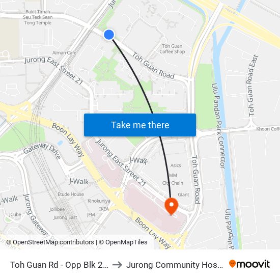 Toh Guan Rd - Opp Blk 288d (28631) to Jurong Community Hospital-Tower C map