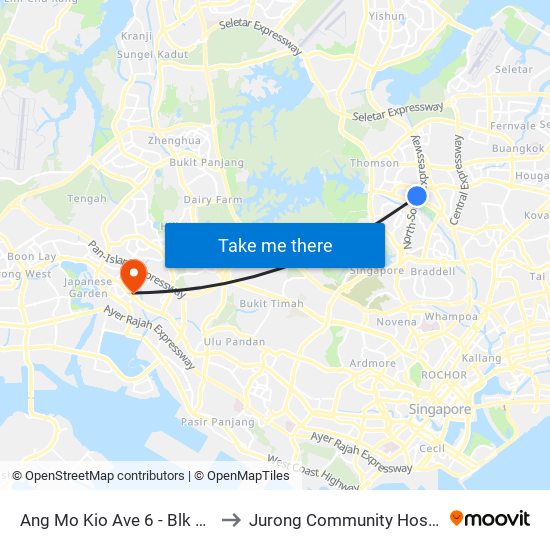 Ang Mo Kio Ave 6 - Blk 307a (54019) to Jurong Community Hospital-Tower C map