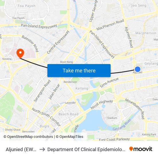 Aljunied (EW9) to Department Of Clinical Epidemiology map