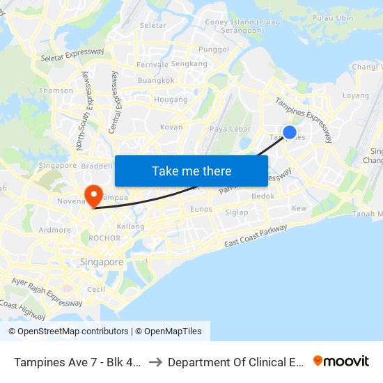 Tampines Ave 7 - Blk 401 (76191) to Department Of Clinical Epidemiology map