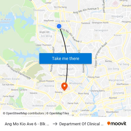 Ang Mo Kio Ave 6 - Blk 307a (54019) to Department Of Clinical Epidemiology map