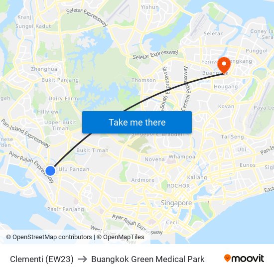 Clementi (EW23) to Buangkok Green Medical Park map