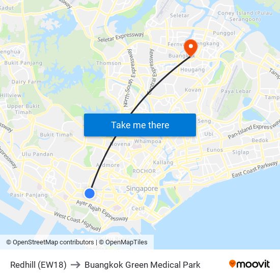 Redhill (EW18) to Buangkok Green Medical Park map