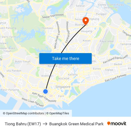 Tiong Bahru (EW17) to Buangkok Green Medical Park map