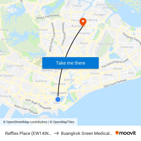 Raffles Place (EW14|NS26) to Buangkok Green Medical Park map