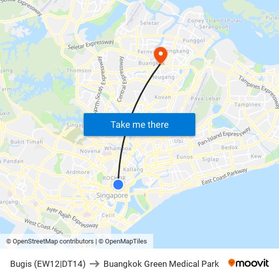 Bugis (EW12|DT14) to Buangkok Green Medical Park map