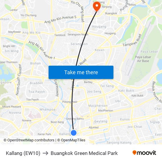 Kallang (EW10) to Buangkok Green Medical Park map